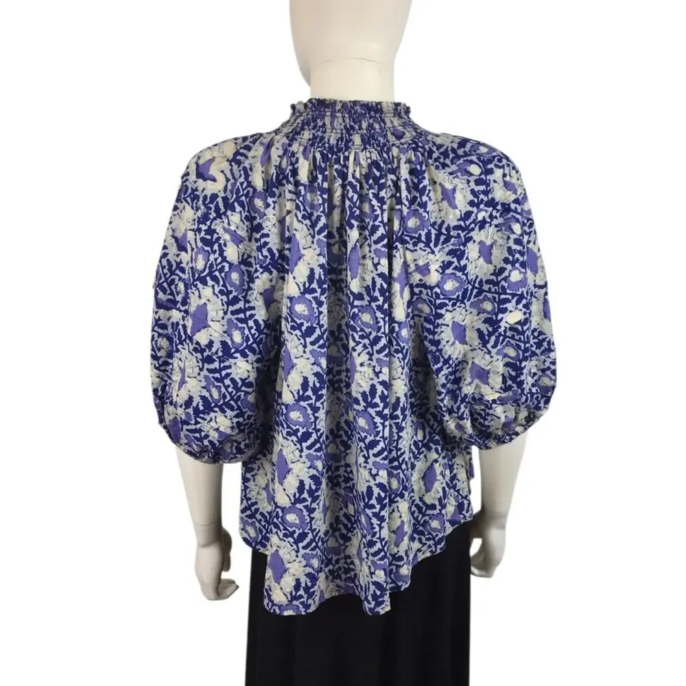 Free Peo­ple Blue & Grey Floral Cotton Blouse Relaxed 3/4 Sleeves Flowy